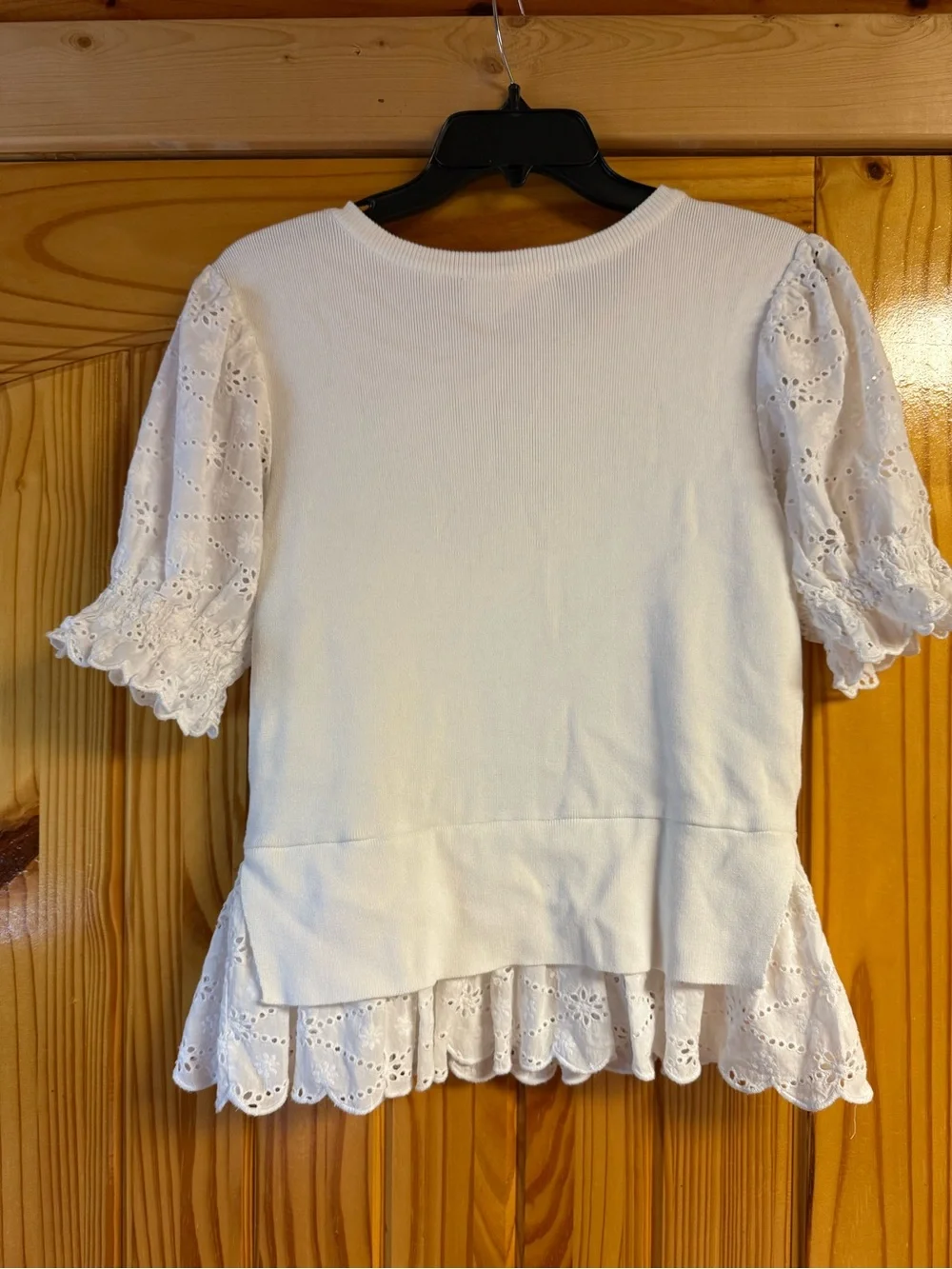 Women's White Eyelet Sleeve & Hem Knit Top